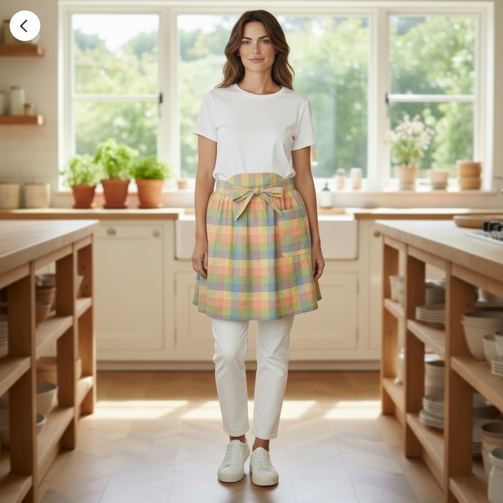 VINTAGE APRON 50s Hand-made Half Apron Checkered Pastels w/ Pocket​ Cottagecore